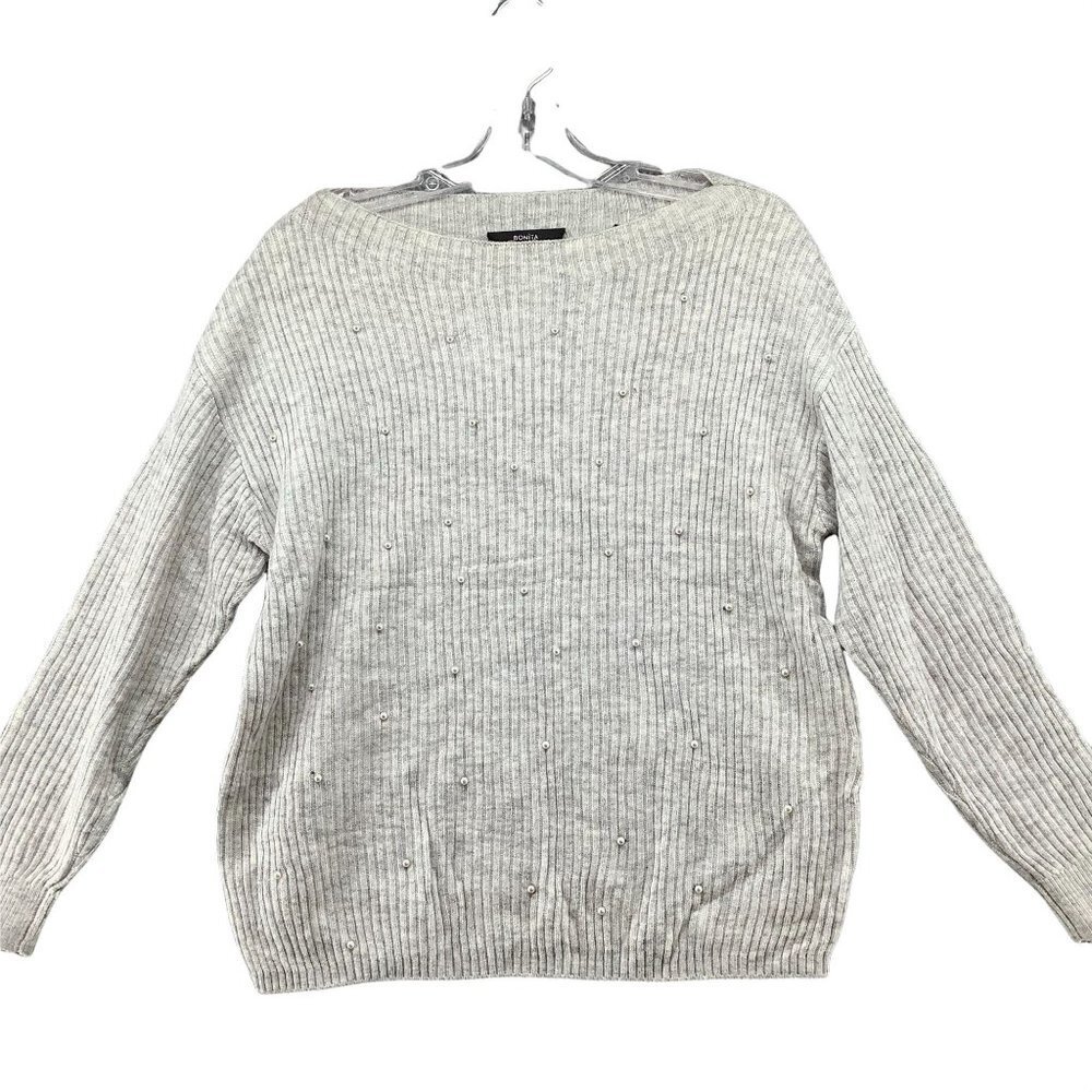 Bonita Ribbed Pearl Sweater Womens Medium M‎ Wool Blend Gray Boat Neck Pullover